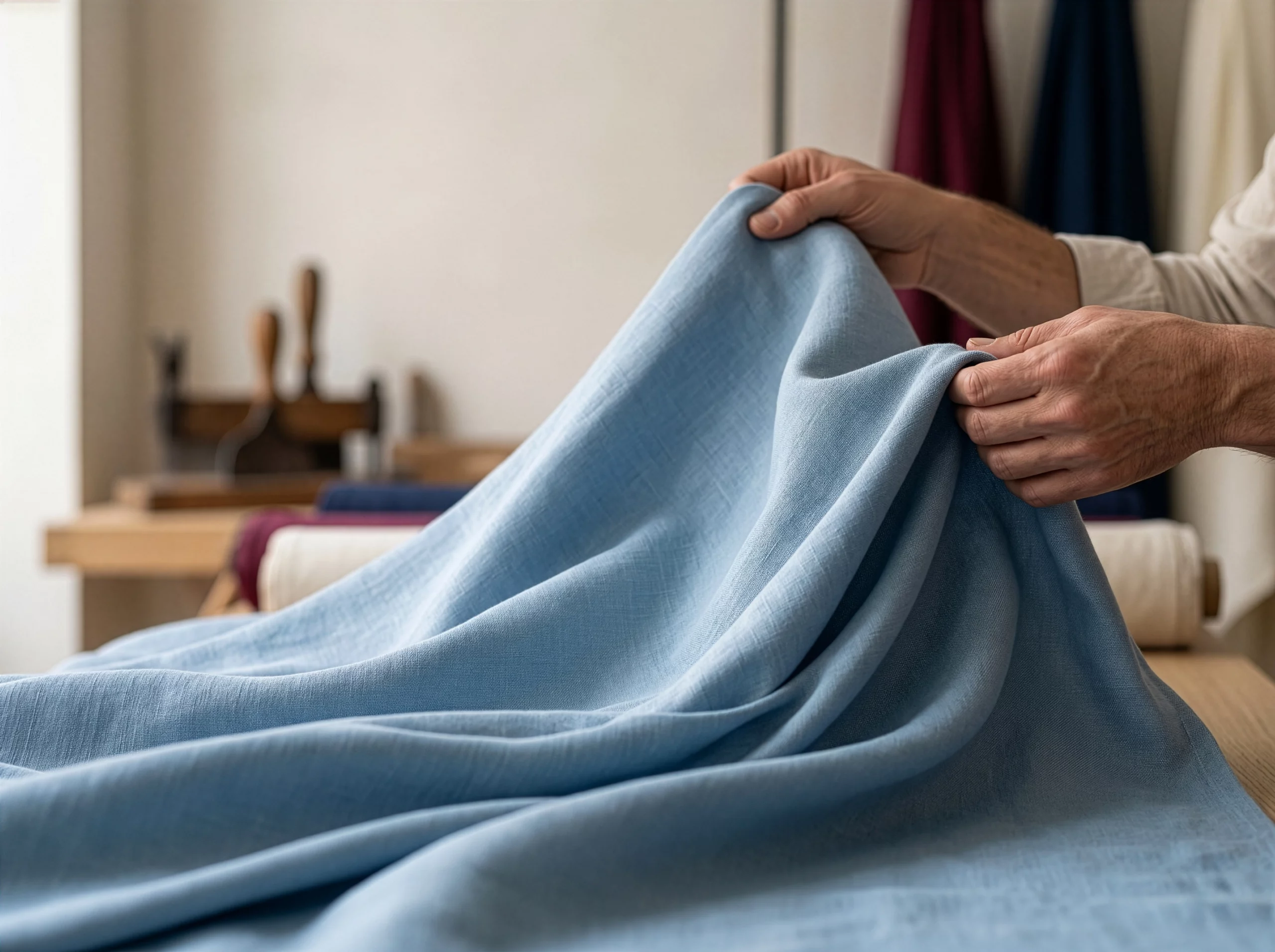 Mains manipulant avec précision un tissu bleu ciel pour en révéler la texture et le drapé dans l'atelier