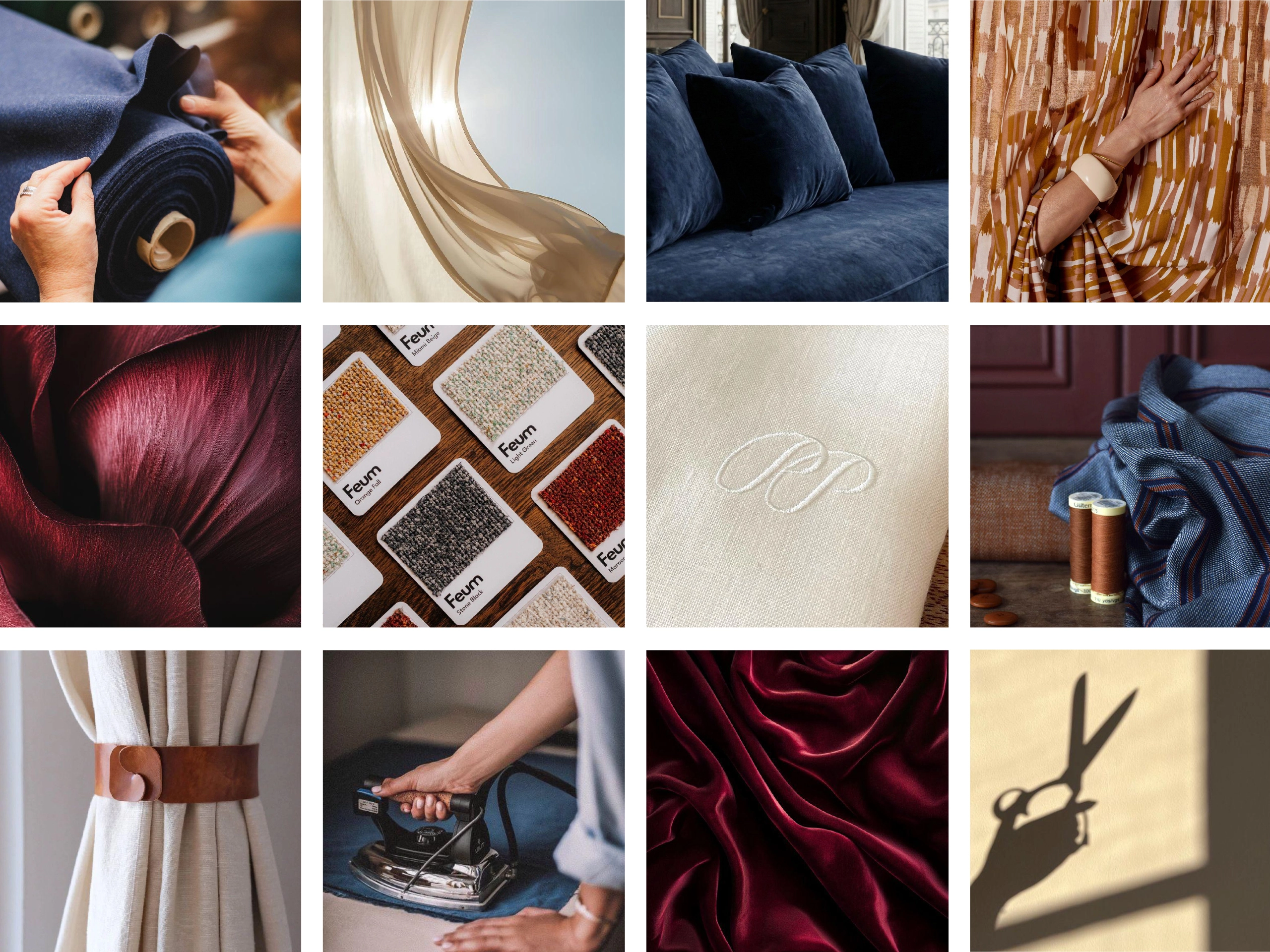 Planche inspirationnelle illustrant les textures, les couleurs et les gestes précis de l'artisanat de l'atelier